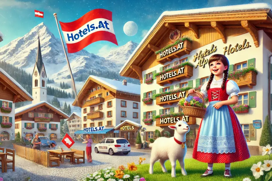 Grafik eines typisch Österreichischen Dorfes mit alpenländischen Häusern und Hotels, einer Kirche und verschneiten Bergen im Hintergrund. Im Vordergrund steht Heidi im Dirndl mit einer weissen Ziege.