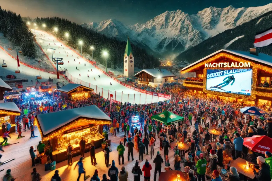 Das berühmte Nachtrennen in Schladming mit der beleuchteten Skipiste, vielen Zuschauern und Partystimmung im Zieleinlauf